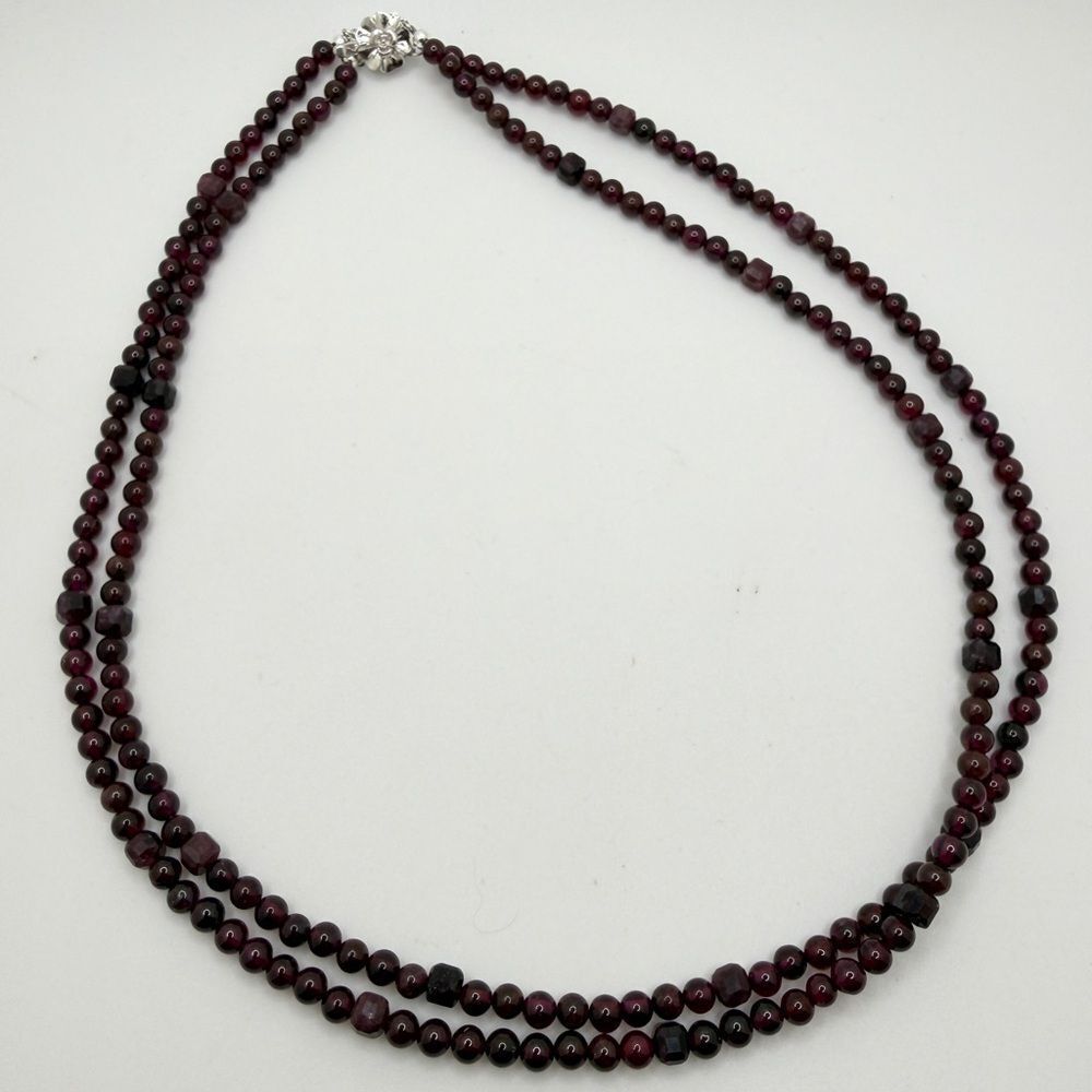 ~20" two strands all 5mm rounded/faceted garnet‎ beaded necklace w/ 925 clasp!